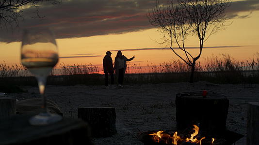 浪漫的情侣在海景中的野营篝火上散步视频的预览图