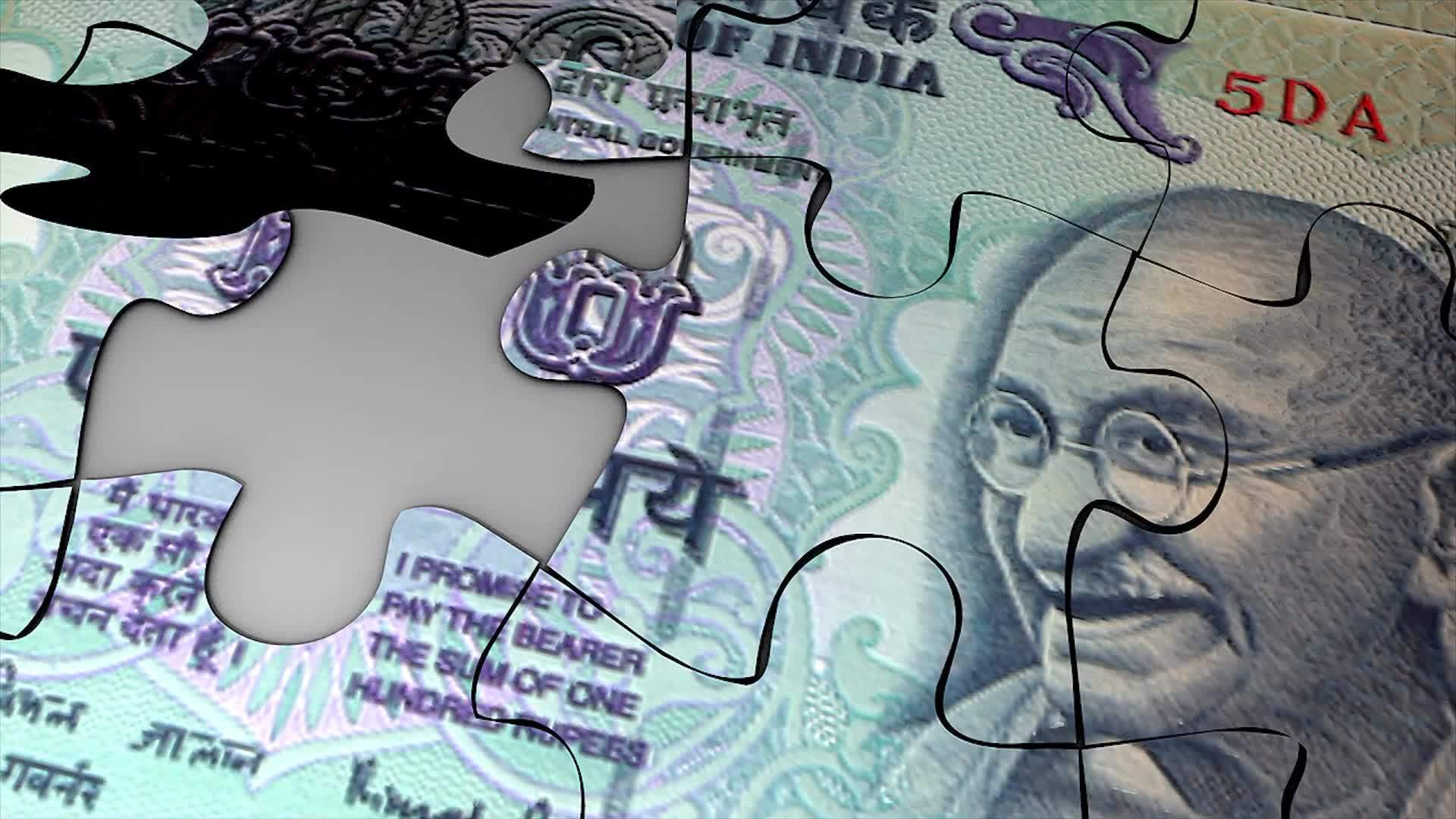 卢比钞票拼图概念动画视频的预览图