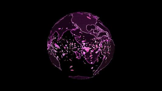 世界地图浅粉色旋转数百万粉色沙库拉叶子漂浮和滚动视频的预览图