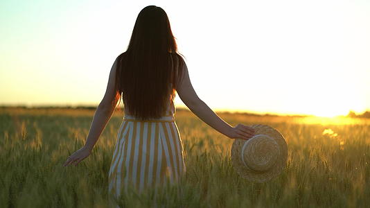 美丽的年轻女子手里拿着一顶帽子在绿色的田野里浪漫地走着视频的预览图