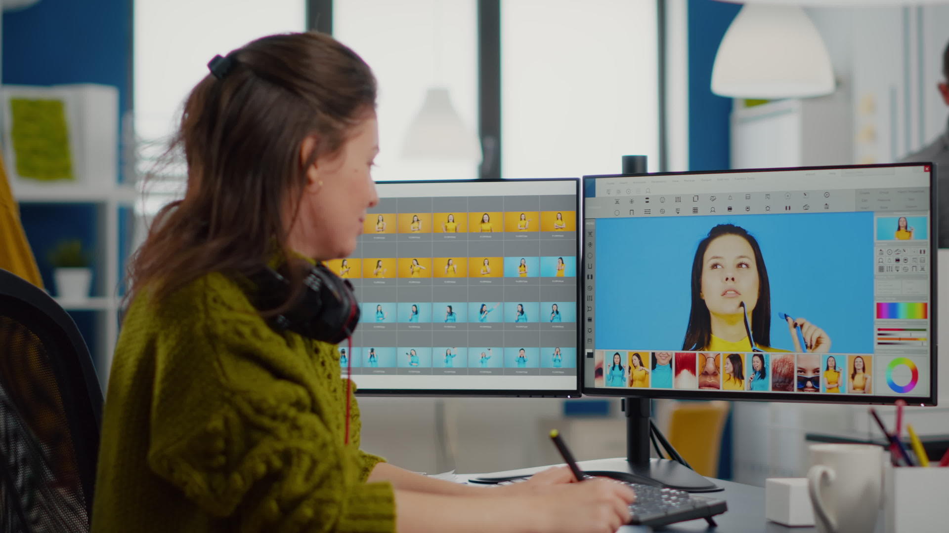 自由自由职业者妇女使用照片编辑软件从事计算机工作视频的预览图