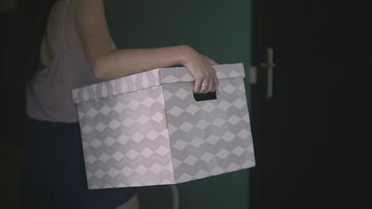 女人在公寓楼里装箱视频的预览图