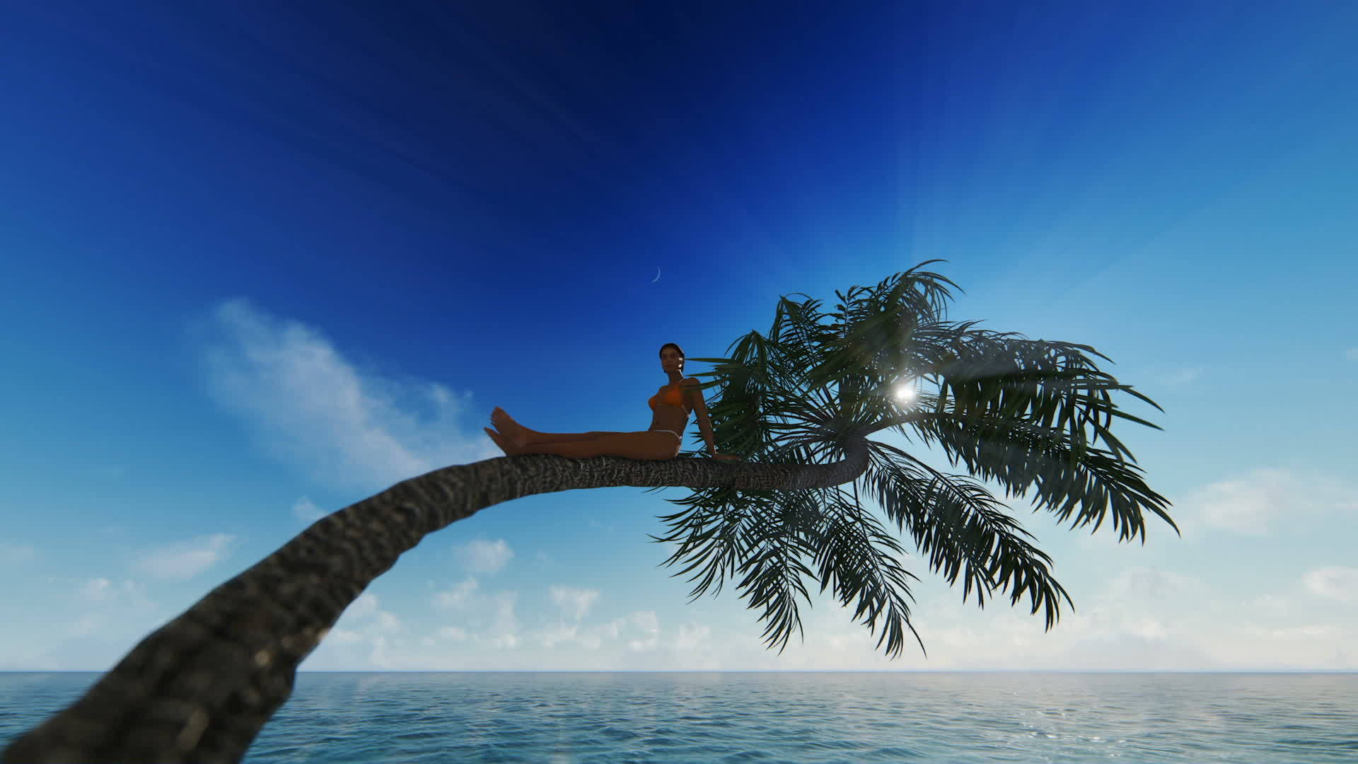 年轻美女坐在水面上的棕榈树上与蓝天相对视频的预览图