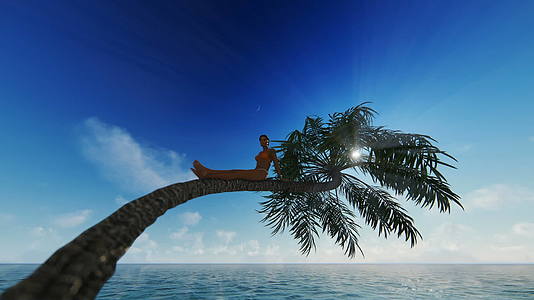 年轻美女坐在水面上的棕榈树上与蓝天相对视频的预览图