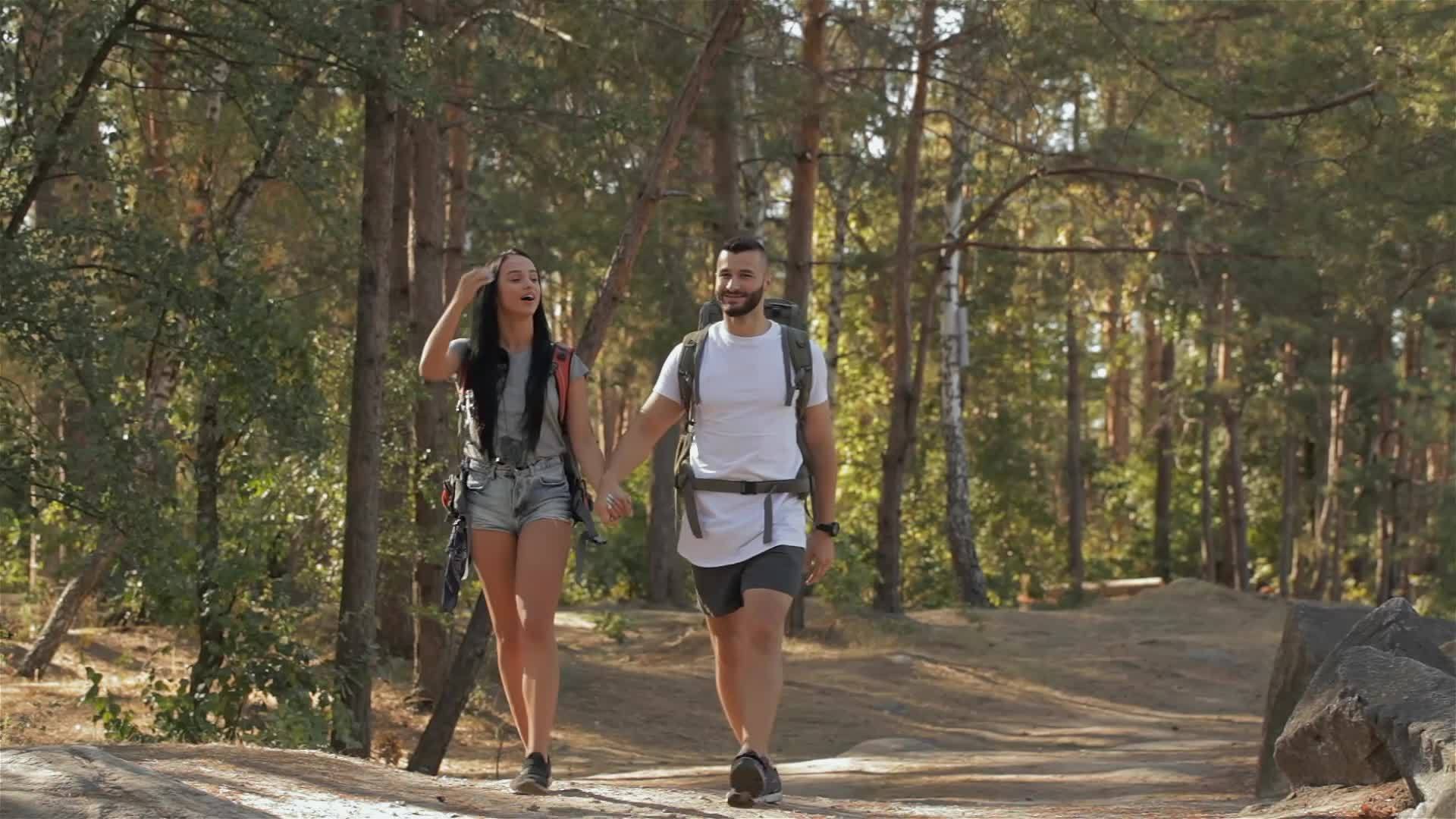 一对夫妇的徒步旅行者手拉手视频的预览图