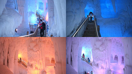 集山西旅游临汾5A级云丘山景区冰洞群观赏奇观的游客4k素材视频的预览图