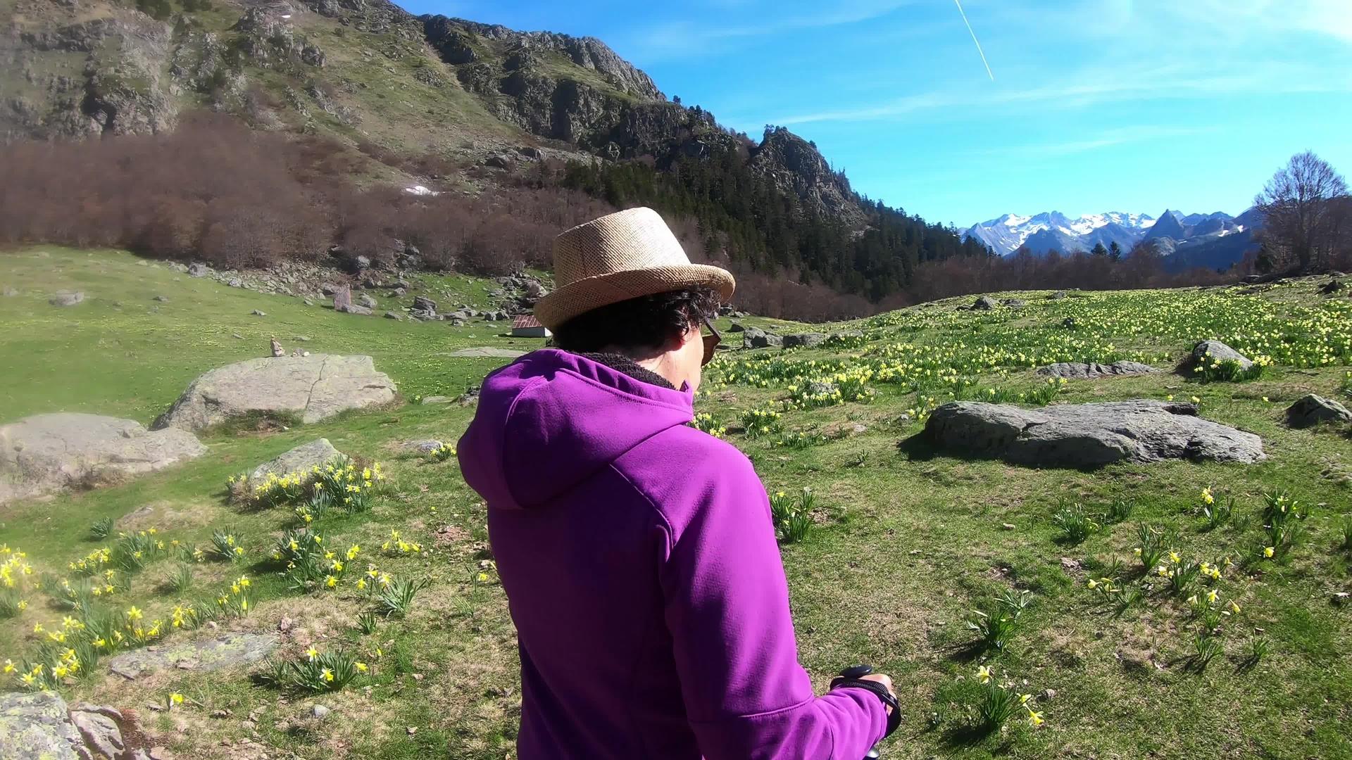 法国比利牛路上的女性徒步旅行者视频的预览图