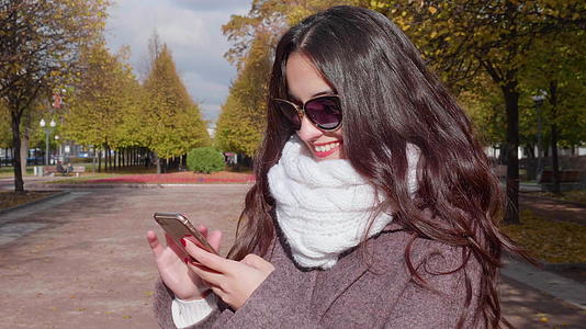 年轻漂亮笑脸的黑发女人在太阳镜里留着长发在城市公园里使用视频的预览图
