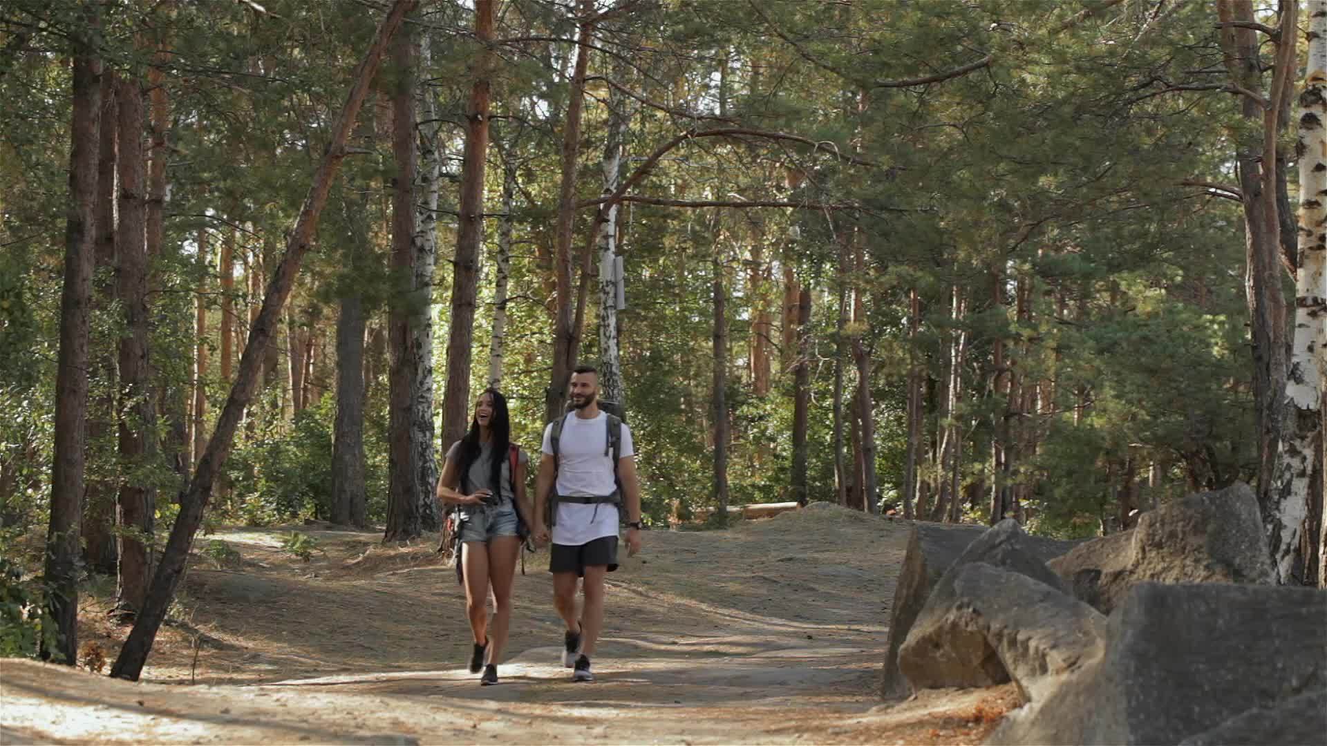 远足夫妇在森林里散步视频的预览图