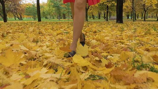 公园的黄叶上年轻瘦小的美女跑向摄像机视频的预览图
