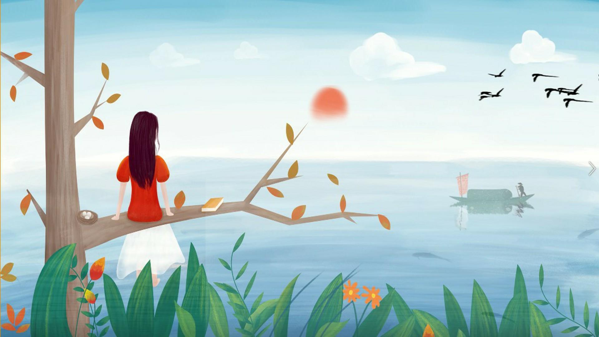 坐在树上看日出看海的女孩视频的预览图