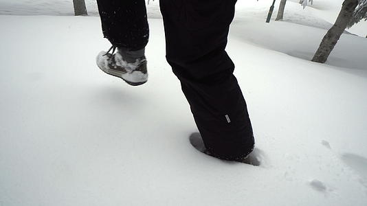 女人的脚穿着靴子在森林深雪中行走跟着镜头走视频的预览图