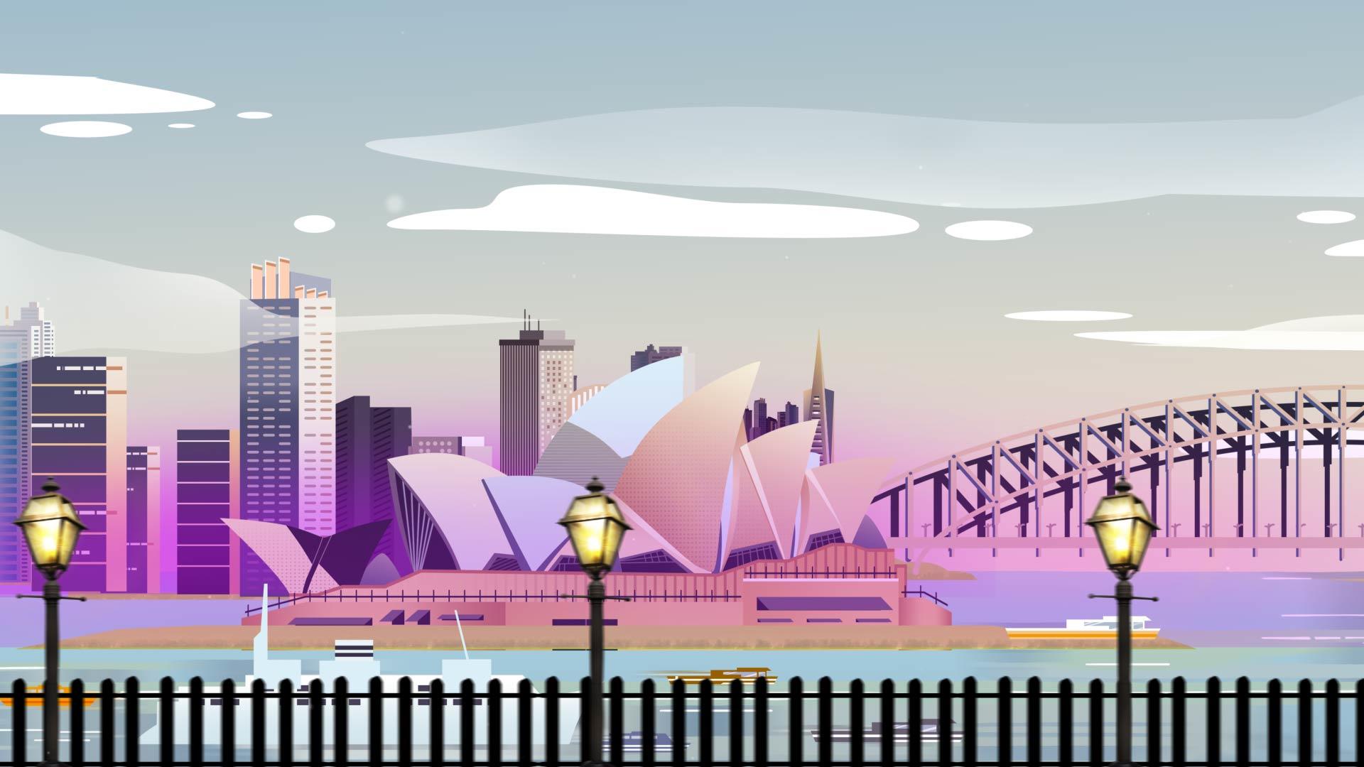 扁平澳大利亚悉尼城市建筑舞台背景视频的预览图