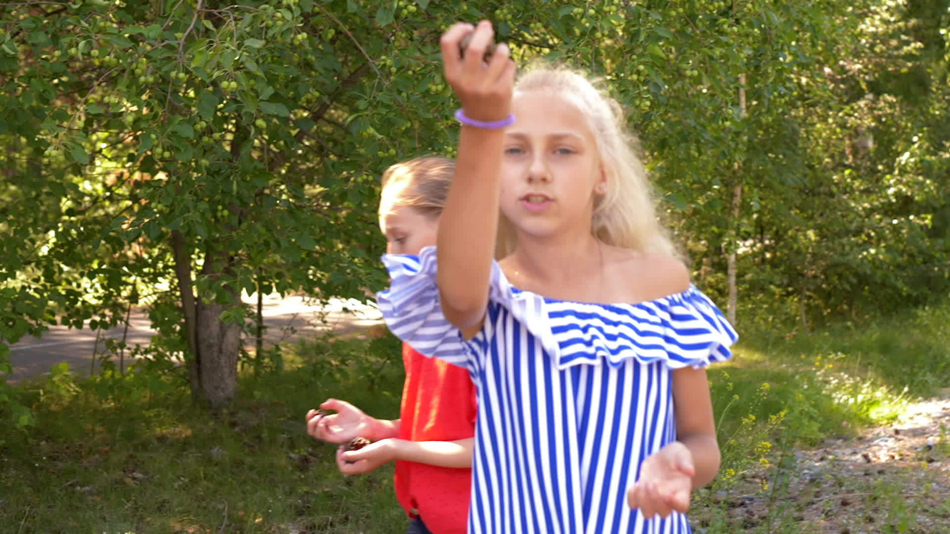 女孩慢慢地玩杂耍把松果扔进夏天的公园散步视频的预览图