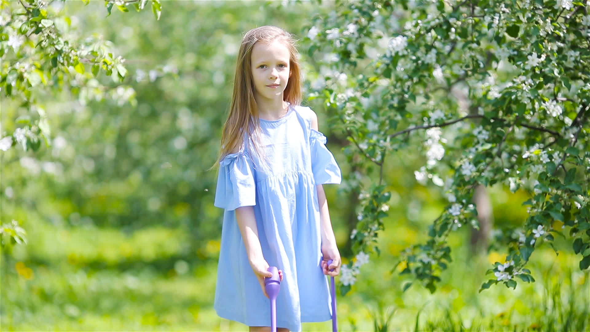 可爱的小女孩在美丽的春天苹果花园视频的预览图
