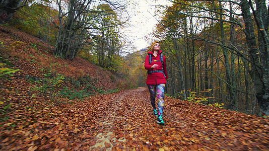 带着背包在泥路上行走的徒步女孩低角度的秋季旅行视频的预览图