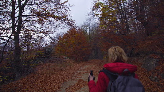 带着杆子和背包的徒步女孩在土路或小路上行走视频的预览图