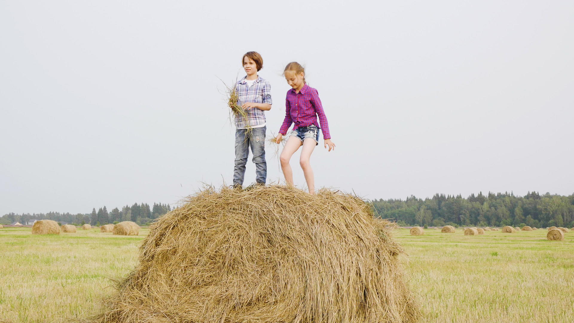 男孩和女孩玩干草堆稻草收割时间田野视频的预览图
