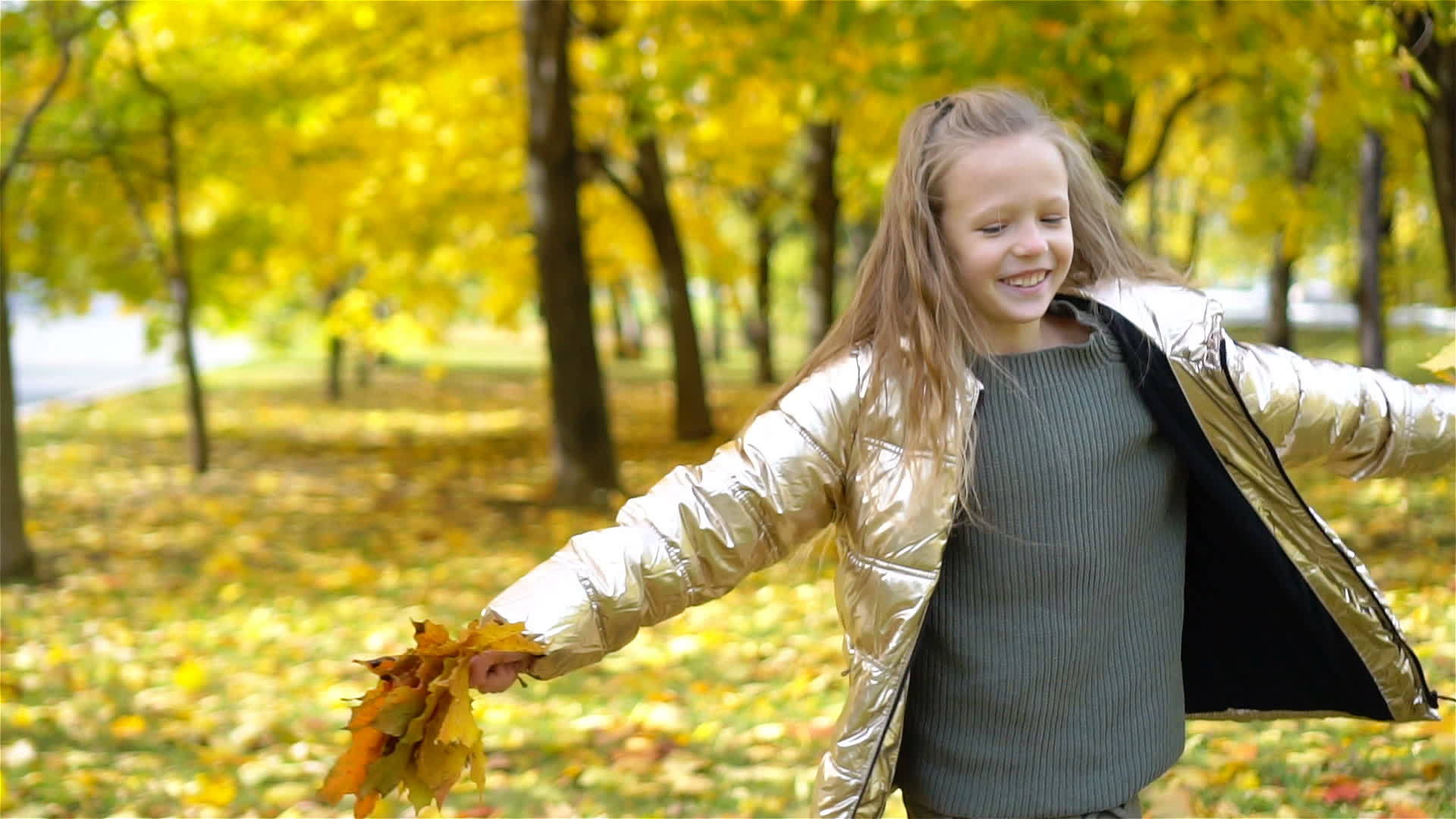 秋天可爱的小女孩的肖像黄色的叶子和花束视频的预览图