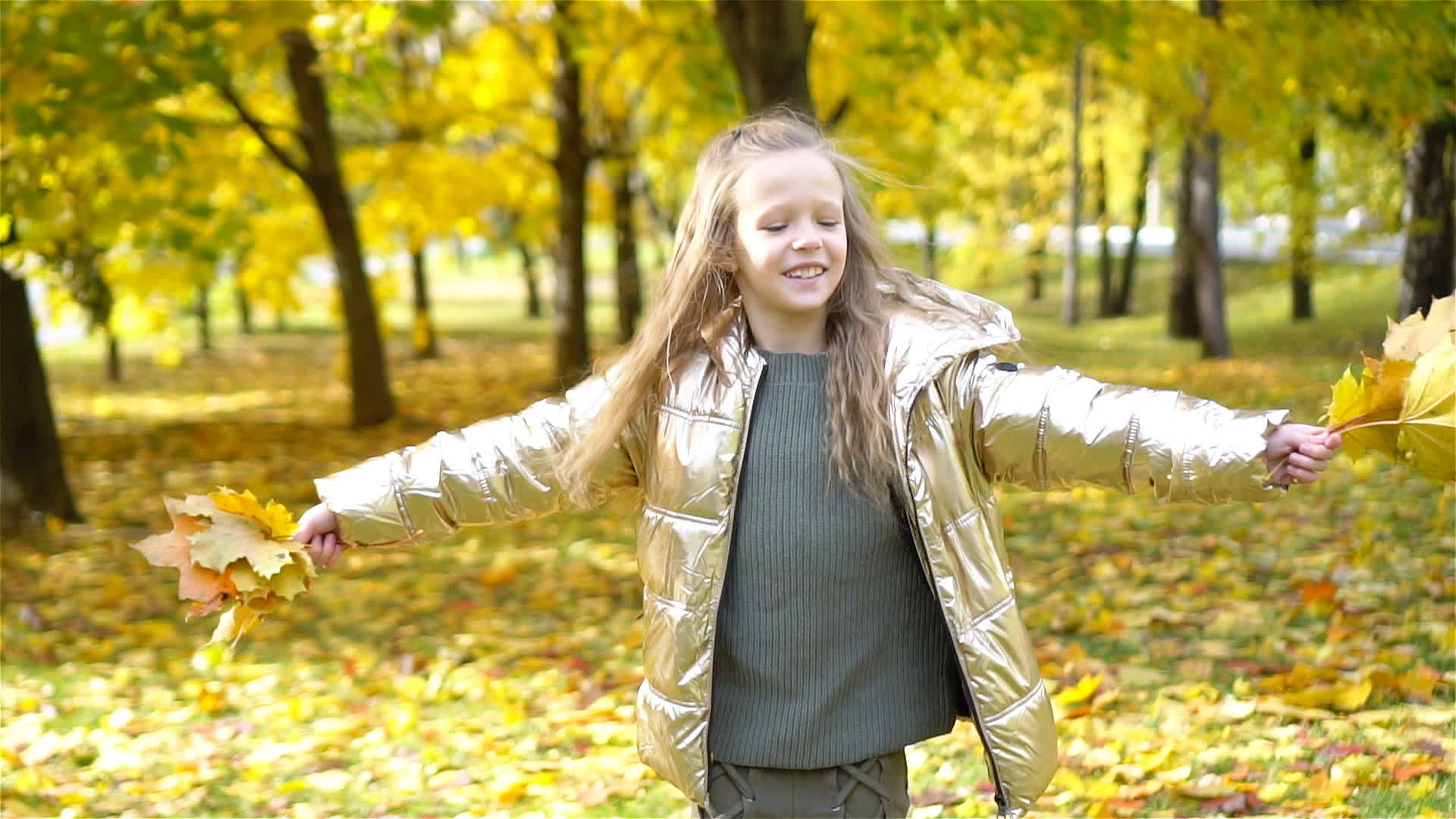 秋天可爱的小女孩的肖像黄色的叶子和花束视频的预览图