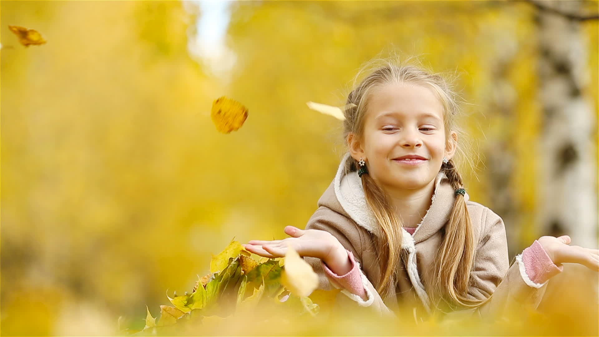 秋天可爱的小女孩躺在树叶地毯上画着黄叶和花束视频的预览图