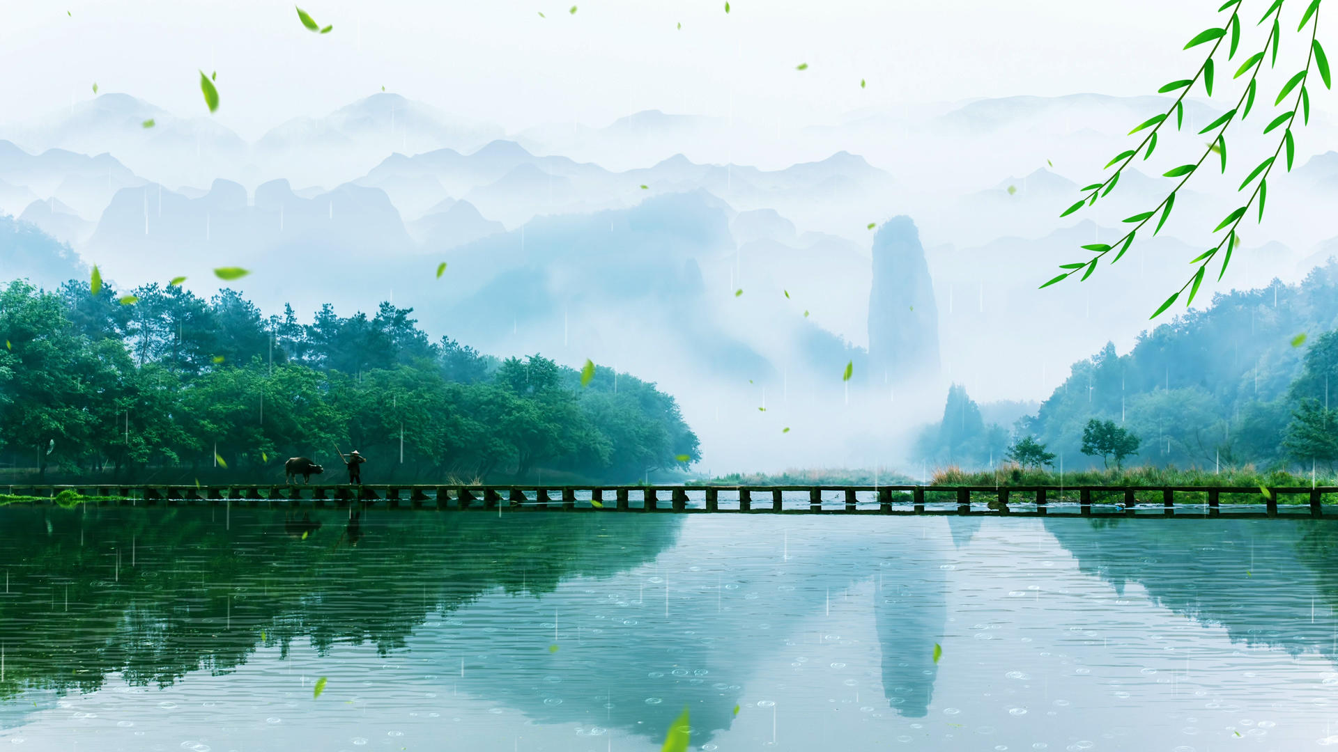 美丽的写意小桥流水远山湖泊春天谷雨背景视频的预览图