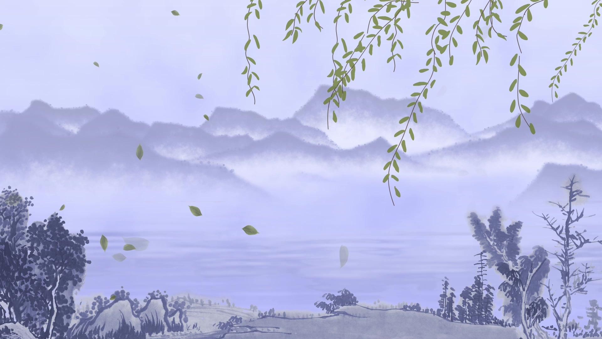 水墨柳叶山水背景视频的预览图