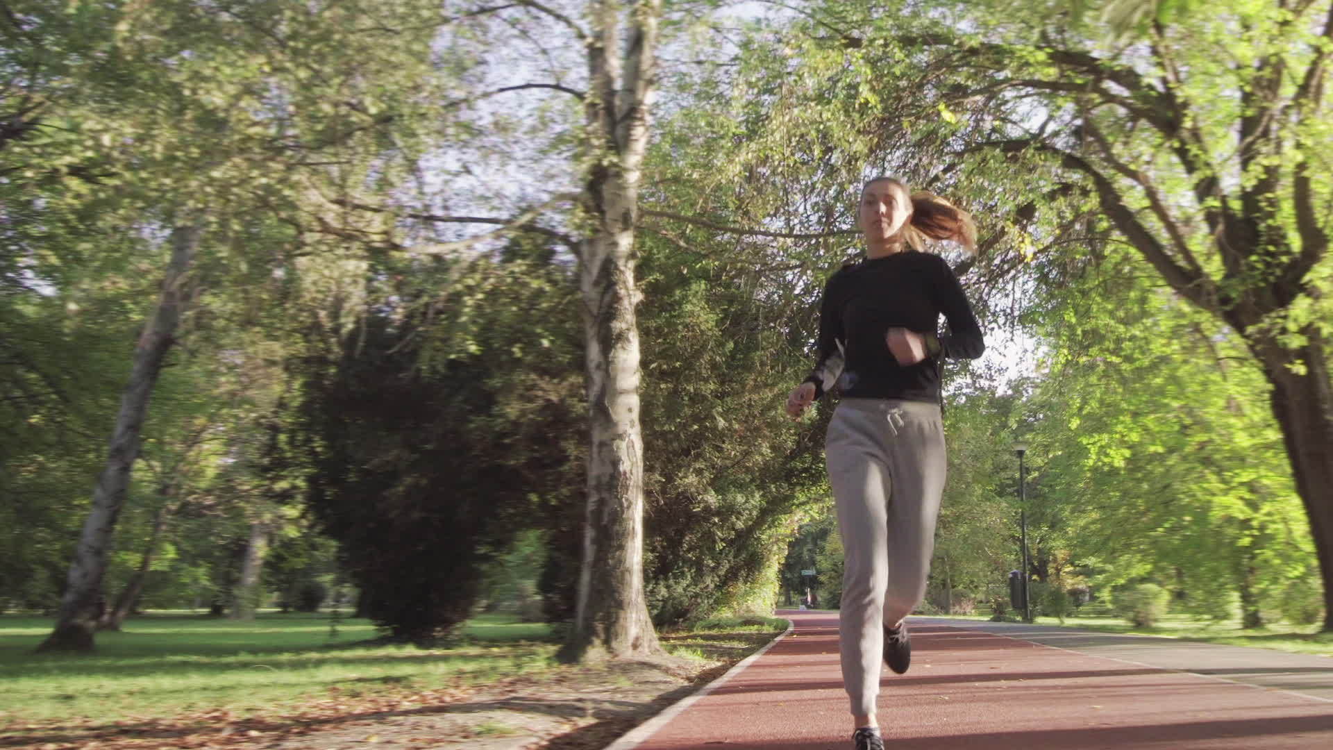 健身女孩在公园的木桥上全天候合成轨道表面跑来跑去视频的预览图