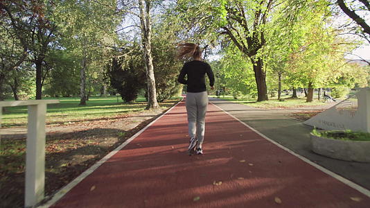 健身女孩在公园的木桥上跑来跑去视频的预览图