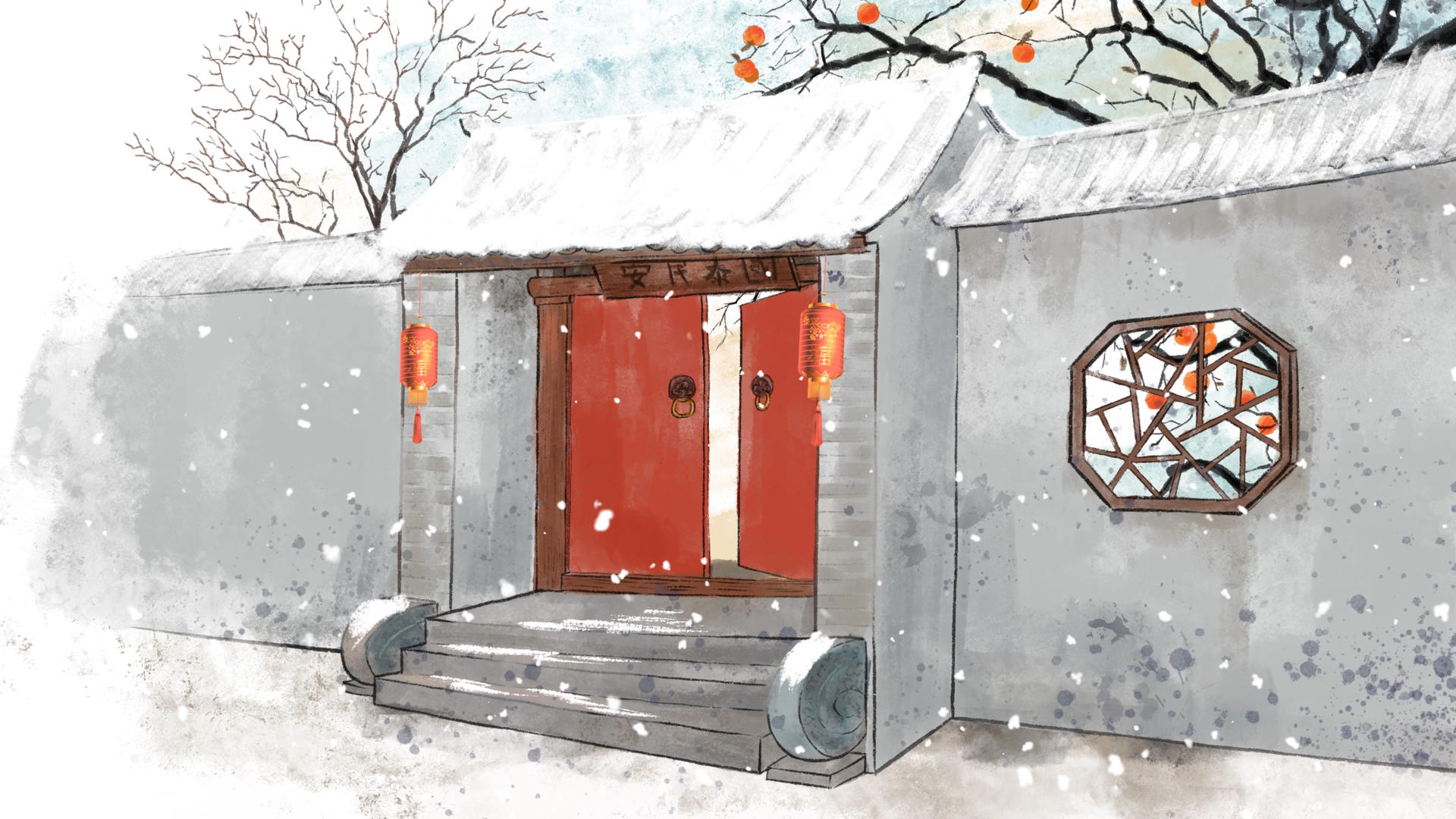 4K古宅院落下雪中国风背景视频的预览图