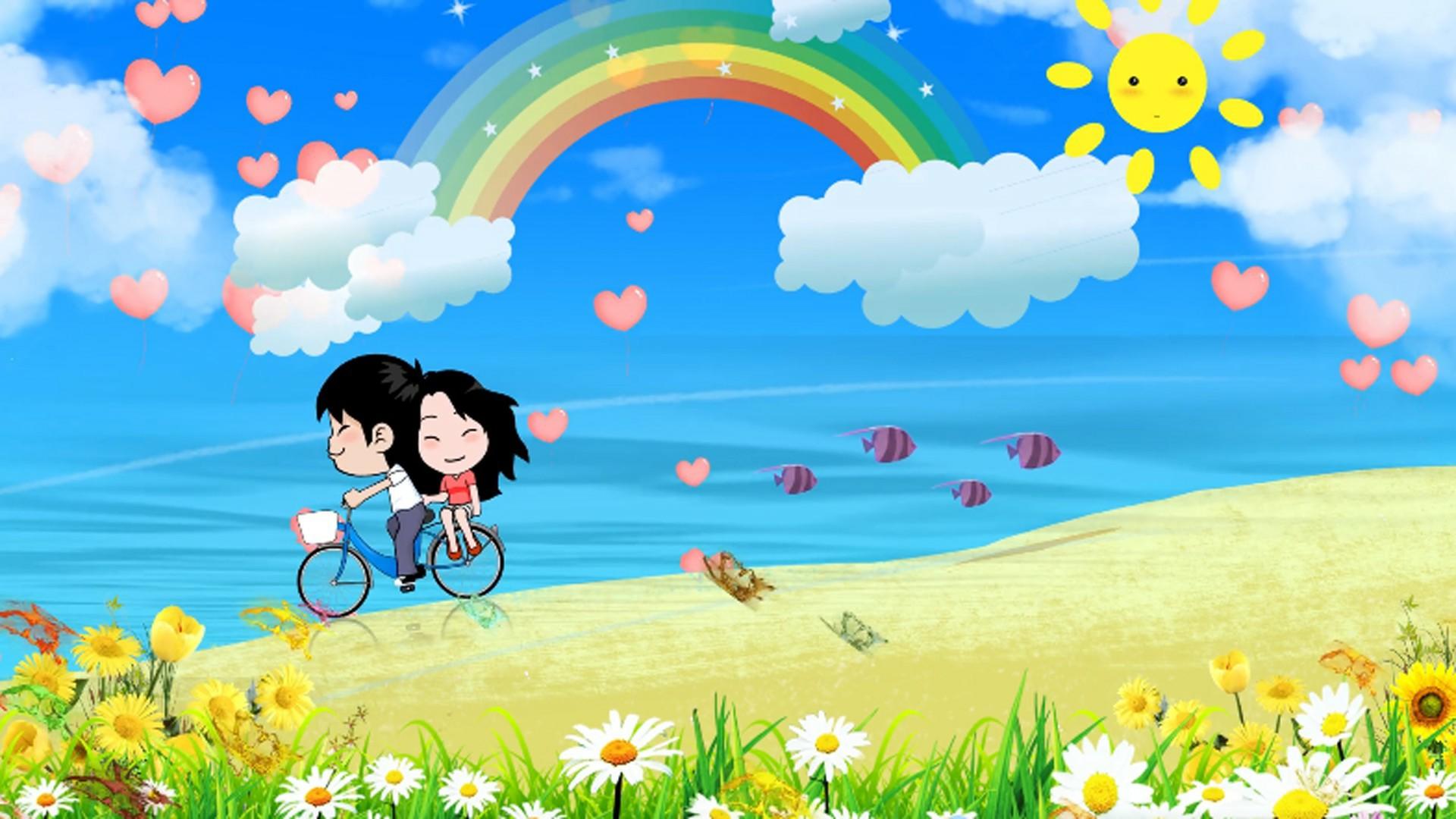 卡通情侣湖边骑行舞台背景视频的预览图