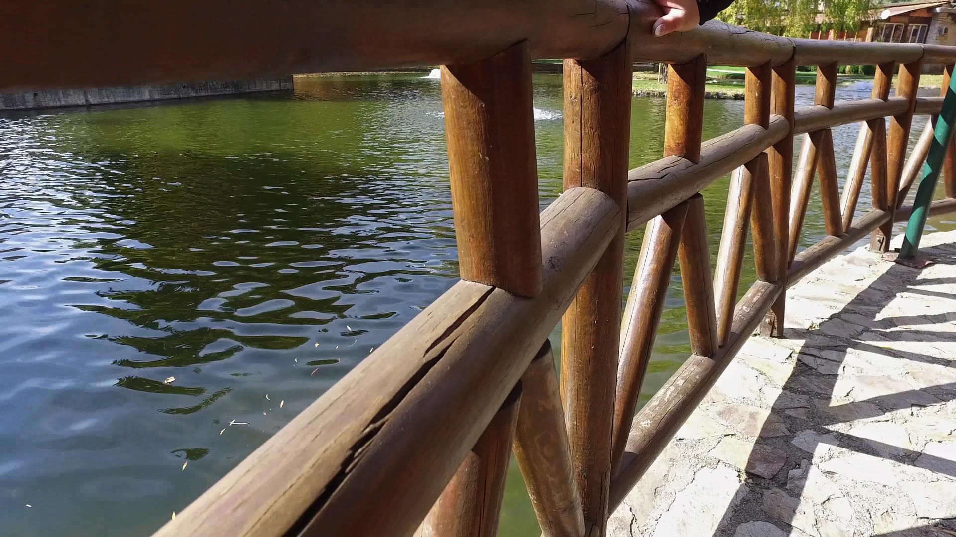 运动女性用手骑在公园的木栅栏和池塘上视频的预览图