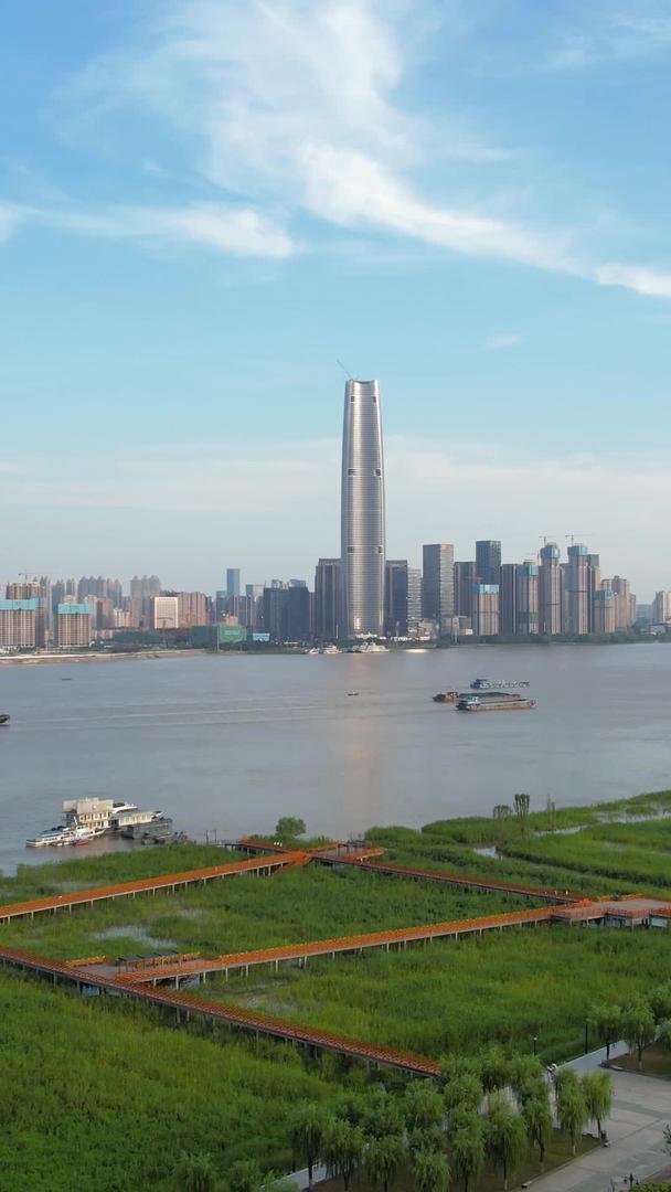 航拍城市蓝天白云晴天自然天气地标建筑天际线高楼长江江景素材视频的预览图