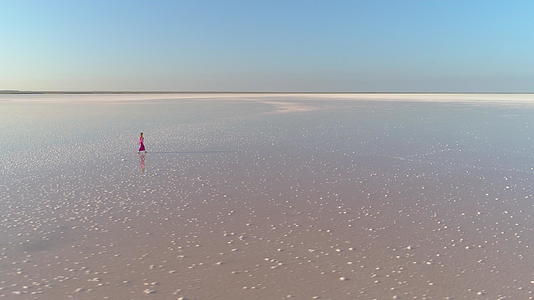 一个穿着红色长发裙子的孤独年轻女孩在巨大的盐湖上视频的预览图