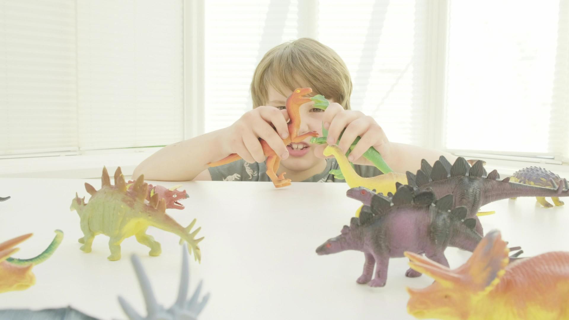 男孩玩玩具恐龙视频的预览图