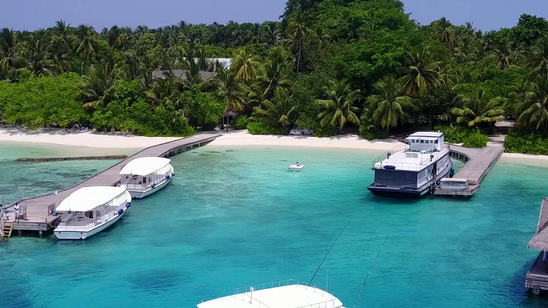 棕榈树附近的白沙背景蓝绿水天堂旅游海滩生活方式空旷的视频的预览图