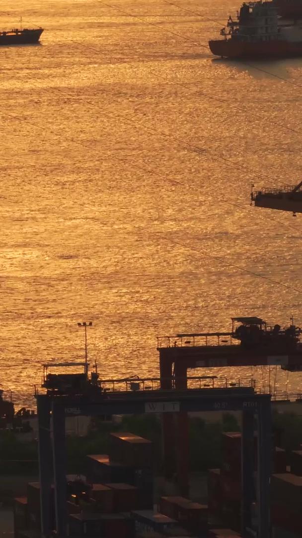 航拍城市金色太阳光波光粼粼货运码头物流货轮水上交通材料视频的预览图