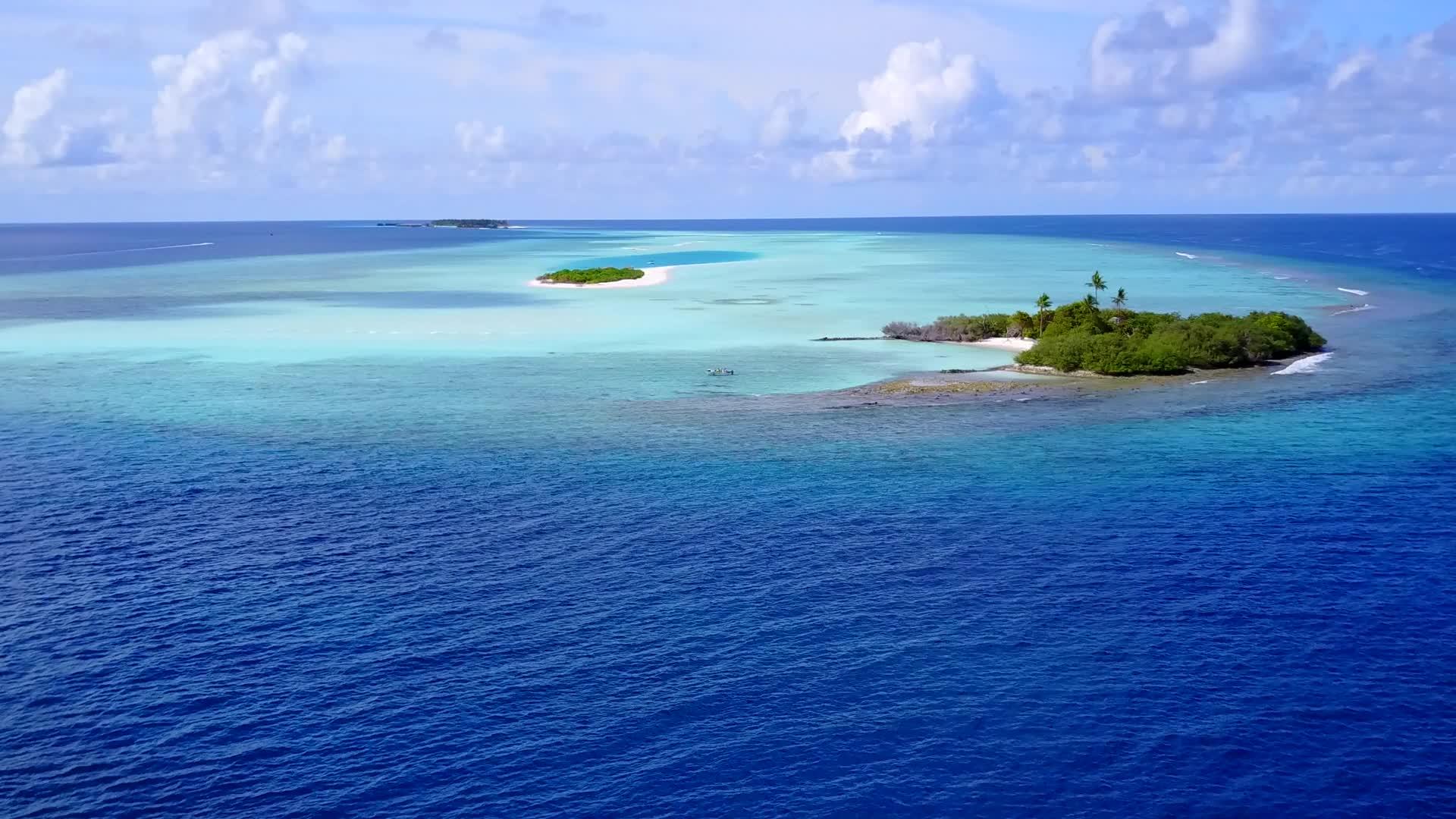 蓝色的环礁在蓝色的绿色环礁棕榈树附近有白色的沙子背景视频的预览图