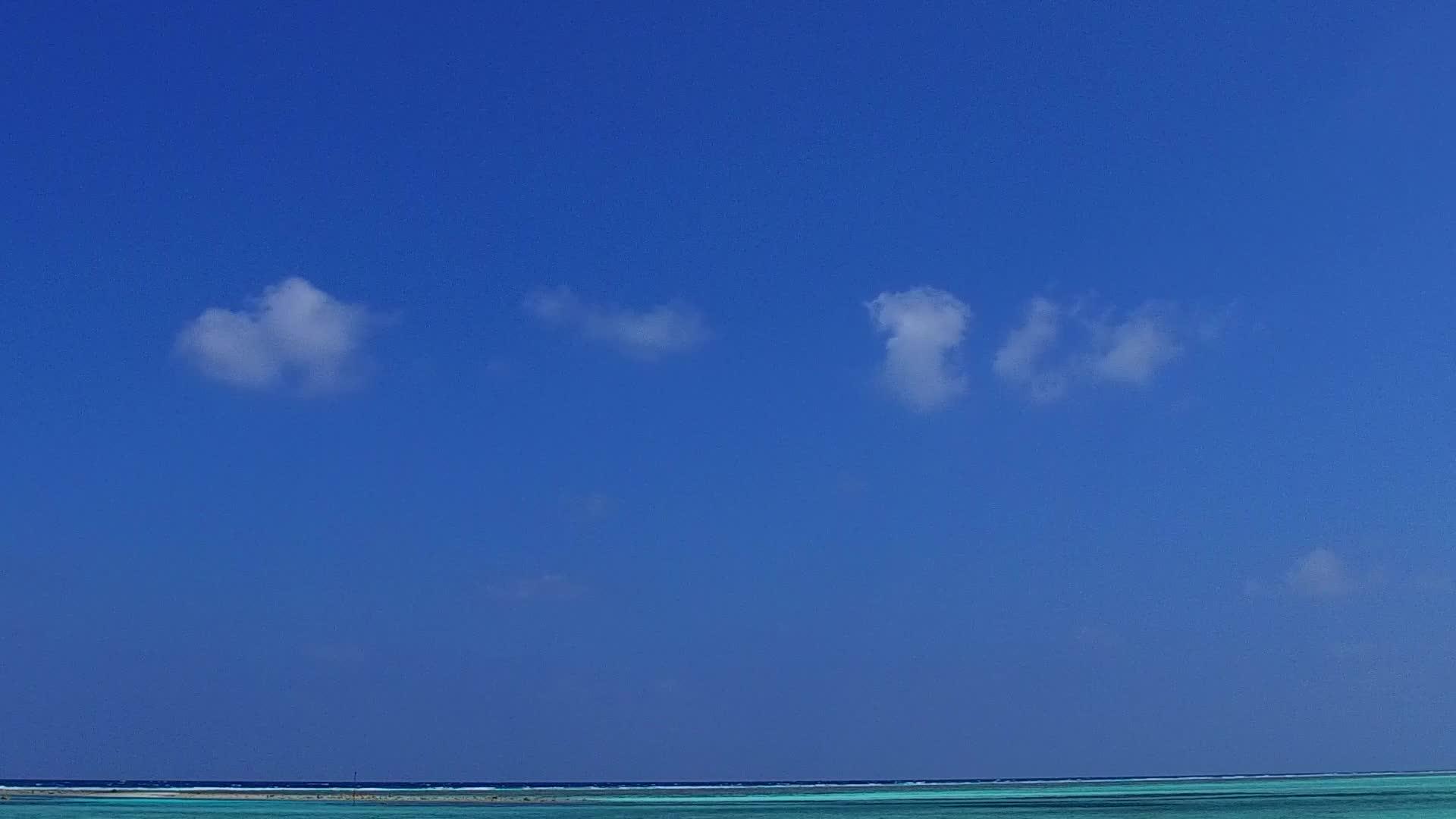 以棕榈树附近的白色沙底蓝水为生的蓝色海滩时间视频的预览图
