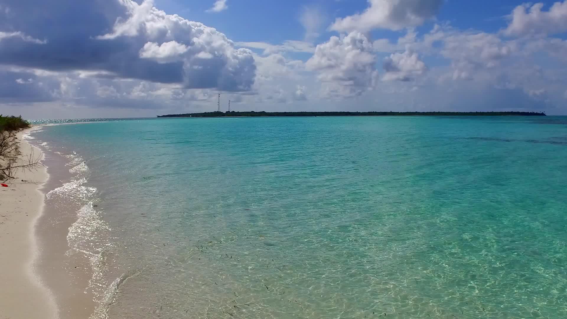 蓝海以蓝海和白沙为背景日出后在热带海岸线度假视频的预览图