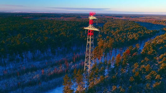 高压电线塔在森林中的电力天线视频的预览图