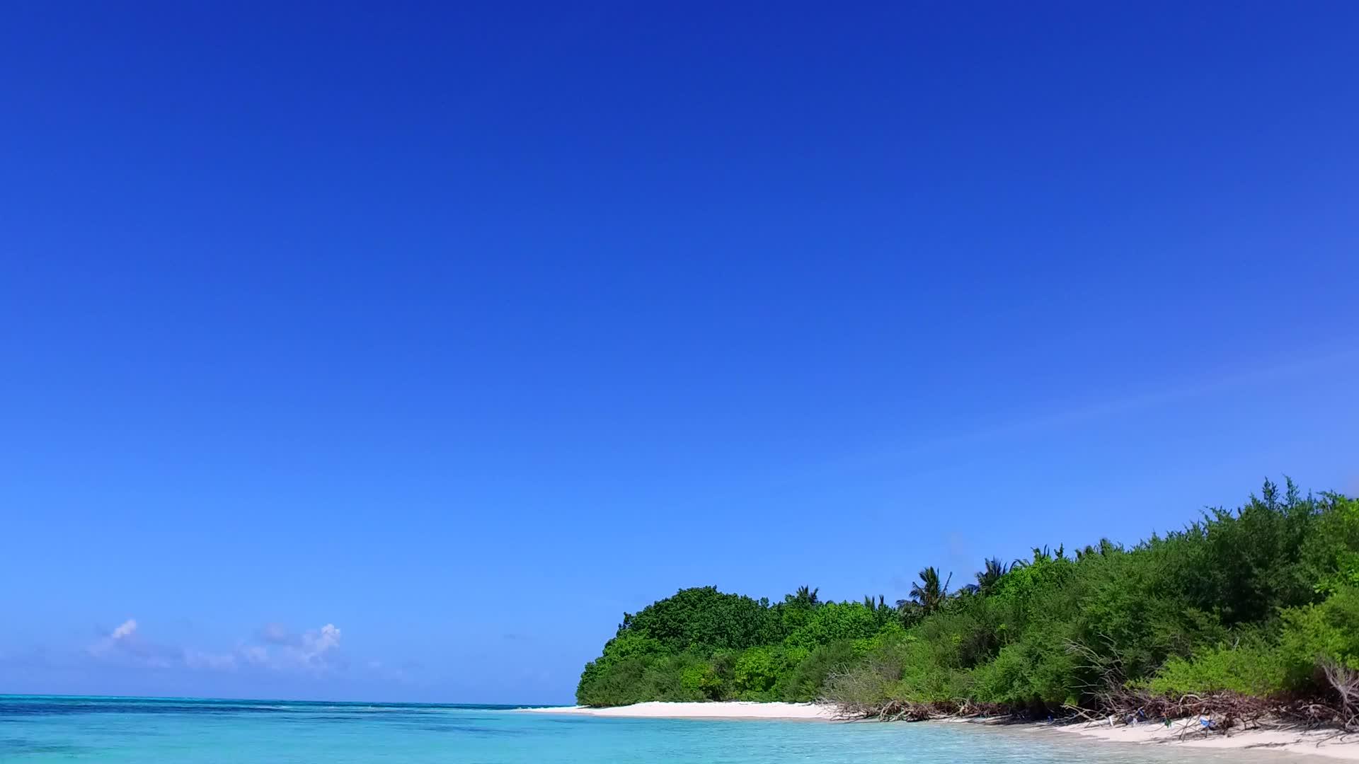 蓝色环礁湖和阳光下白色沙滩的背景视频的预览图