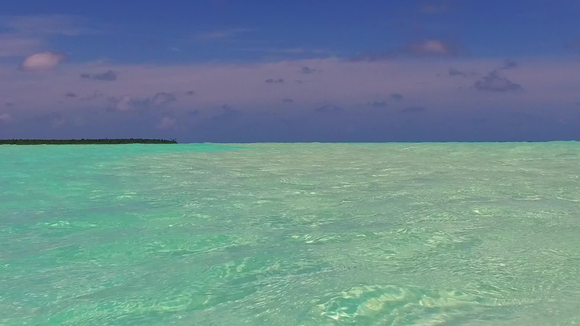 蓝色海洋和棕榈树附近的白色沙滩背景的宽角缓慢而抽象的海滩之旅视频的预览图