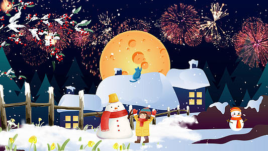 冬日新年夜晚唯美烟花雪景视频的预览图