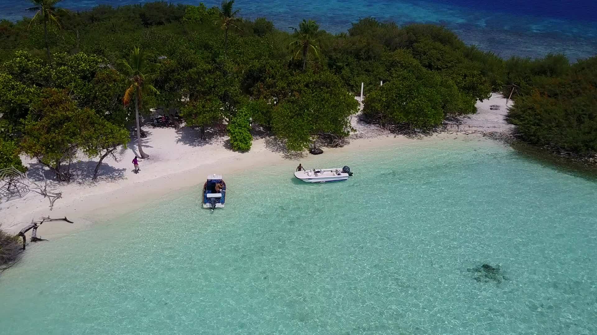 蓝色环礁和白色沙滩靠近珊瑚礁阳光明媚的海洋旅游视频的预览图