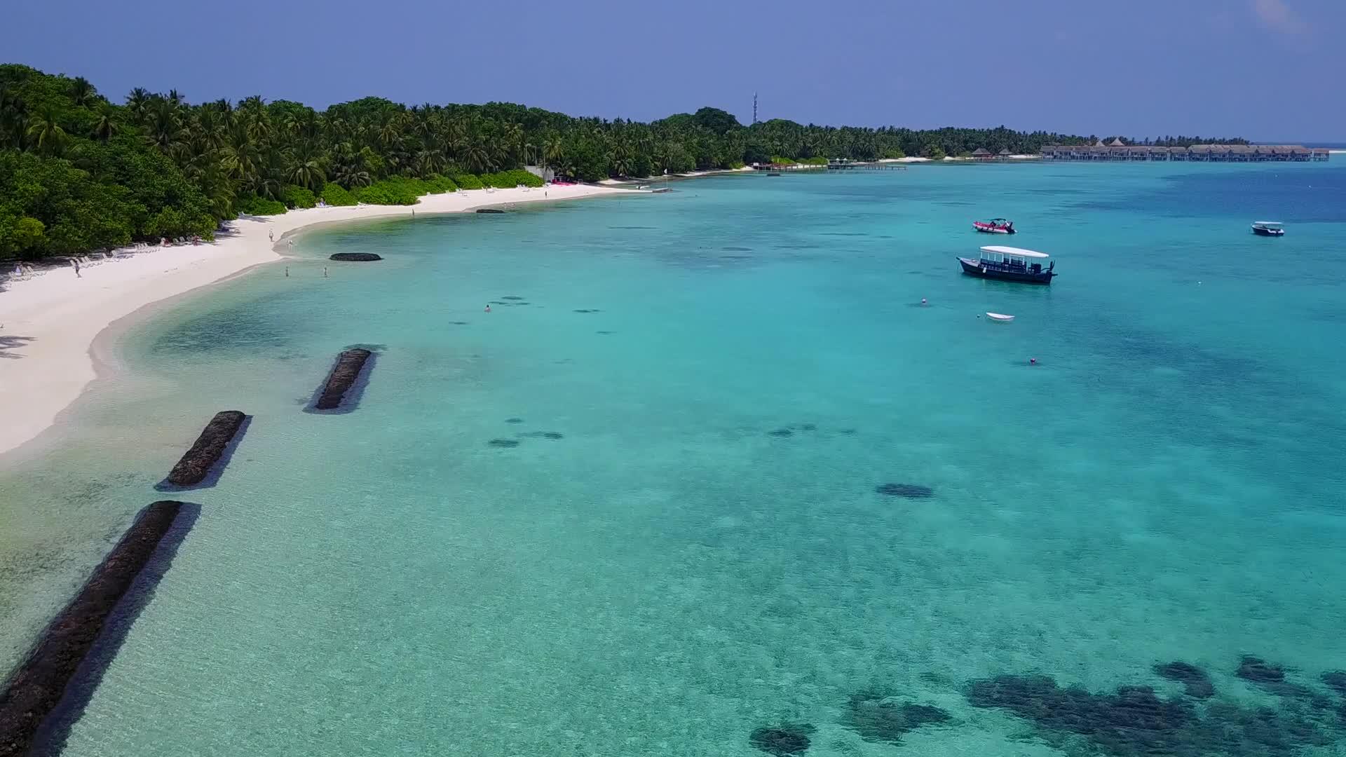 阳光明媚、宁静的海岸海滩风景海平面蓝海和棕榈树附近的白沙视频的预览图