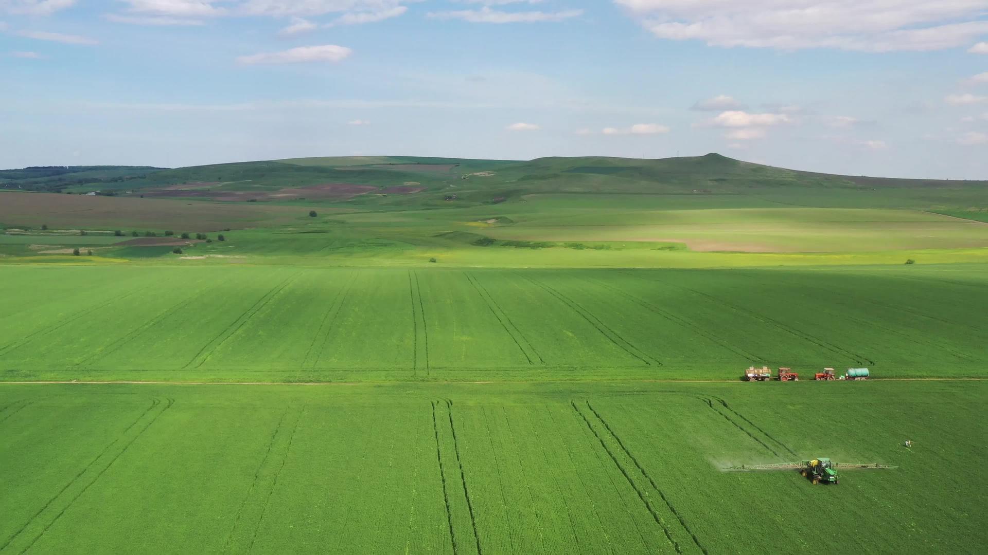 在年轻的田野里用除草剂和化学品喷洒拖拉机视频的预览图