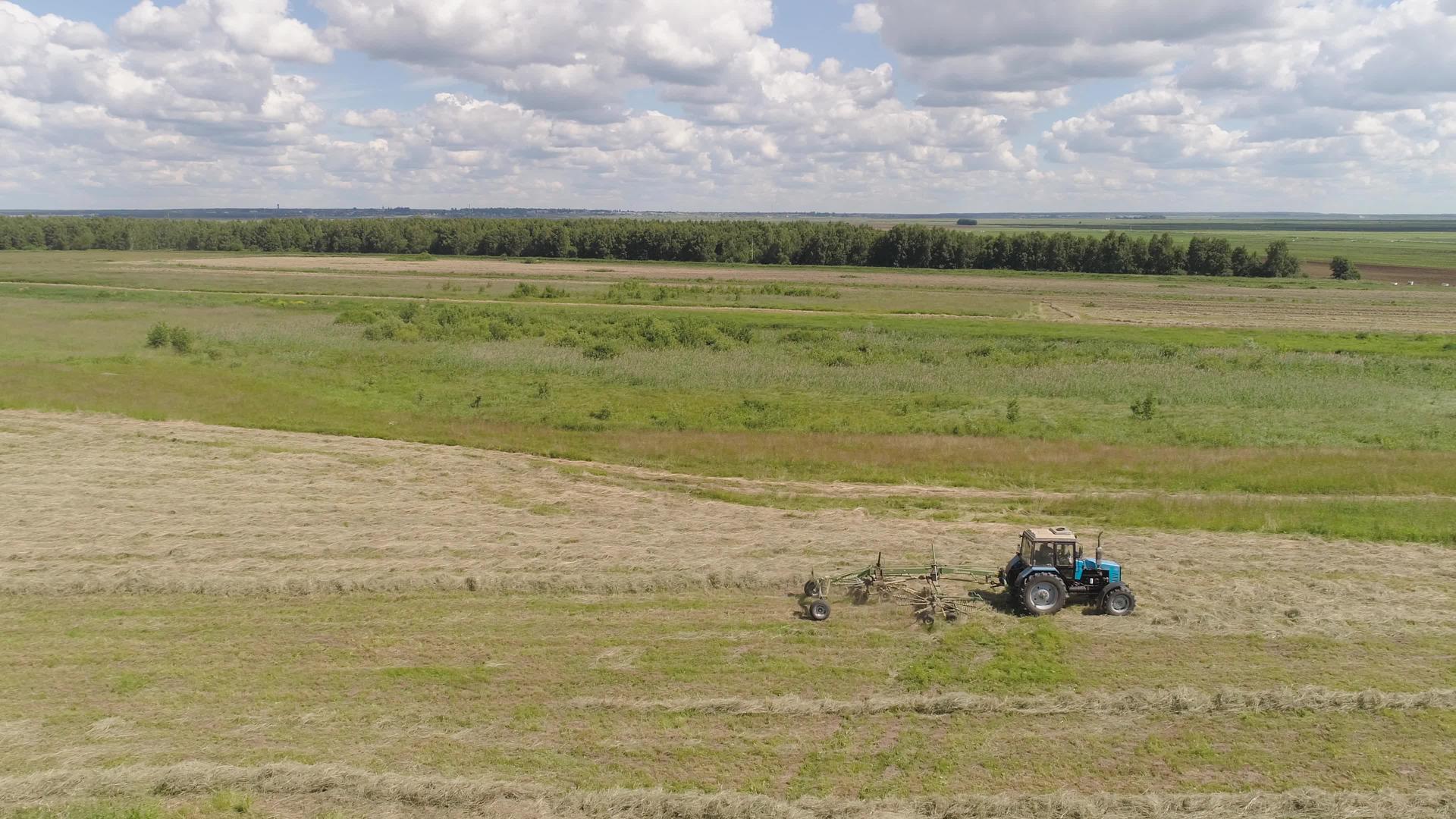 农场田地上的拖拉机和雷克车视频的预览图