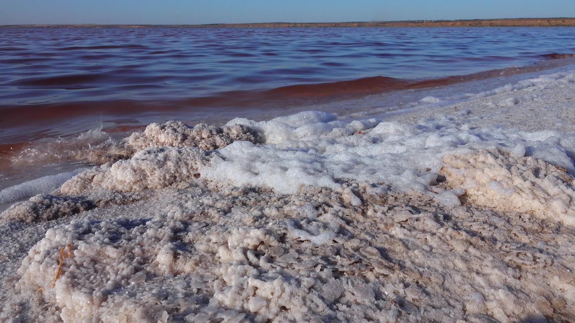 盐湖岸上的石头上覆盖着白色泡沫和盐水晶体包括盐湖边的石头视频的预览图