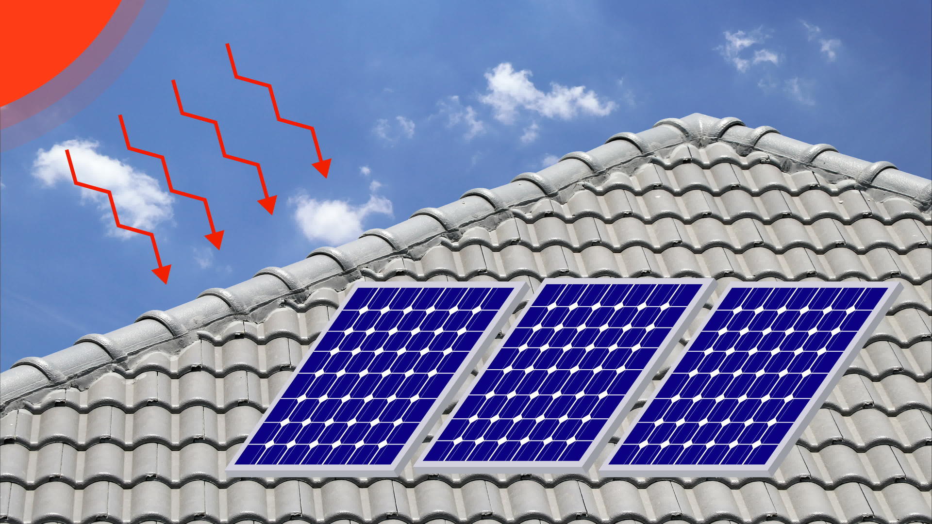 太阳电池在屋顶上的阳光照射在太阳面板上视频的预览图